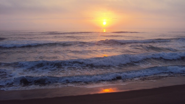 Sunrise on Sokcho Beach, South Korea, the landscape that inspired David Wallace's Sokcho Blues.