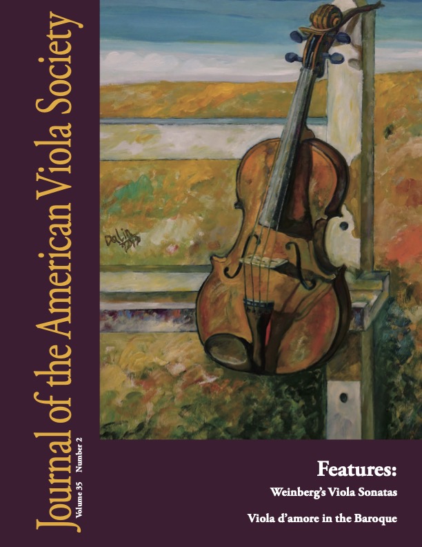 This photo shows the cover of Journal of the American Viola Society JAVS Volume 35 No 2. In this edition, Dr. David Wallace published the article "Let's Play Submerged!" a tutorial for violists seeking to perform "Submerged" by composer Miguel del Águila.